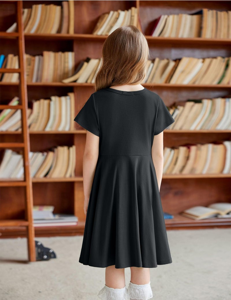 Arshiner Girl Dresses Size 10-12 Summer Twirly Black Dress T Shirt Solid Basic Cotton Classic Pocket Holiday School Party Dress 12 13 - Image 3